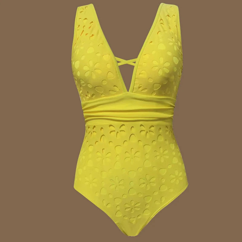 Deep V-Neck One-Piece Swimsuit - Backless