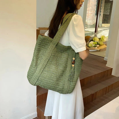 Bohemian Straw Weave Tote Bag - Tassel Accent
