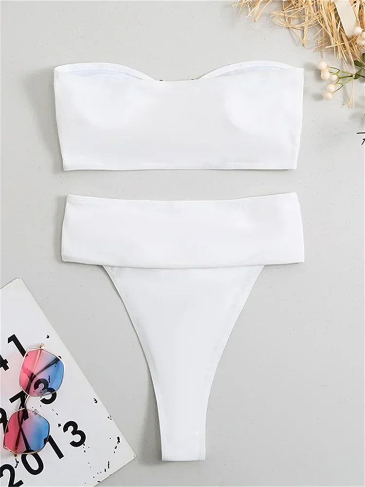 Metallic Accent High Waist Bikini Set - Bandeau Thong Swimwear