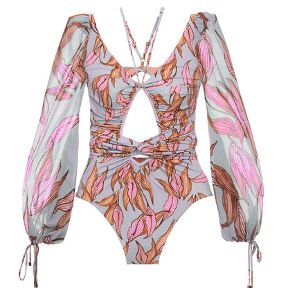 Long Sleeve Print One-Piece Swimsuit - Backless Bandage Monokini