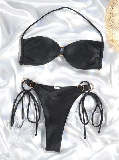 Solid Halter Hollow Out Bikini Set - Two Piece Swimwear