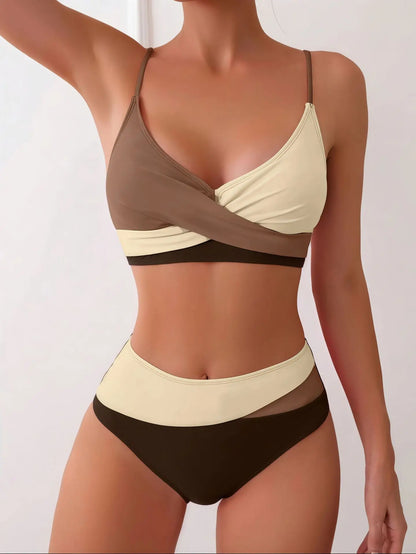 Patchwork Cross Back Bikini Set - Hollow Push Up Swimwear