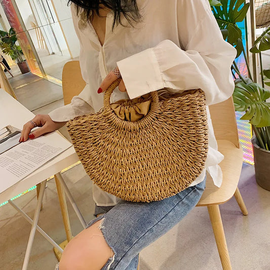Handmade Moon-Shaped Straw Top Handle Bag