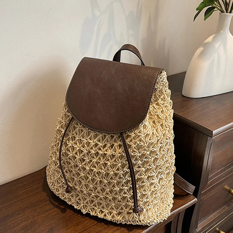 Boho Woven Straw Backpack - Large Capacity