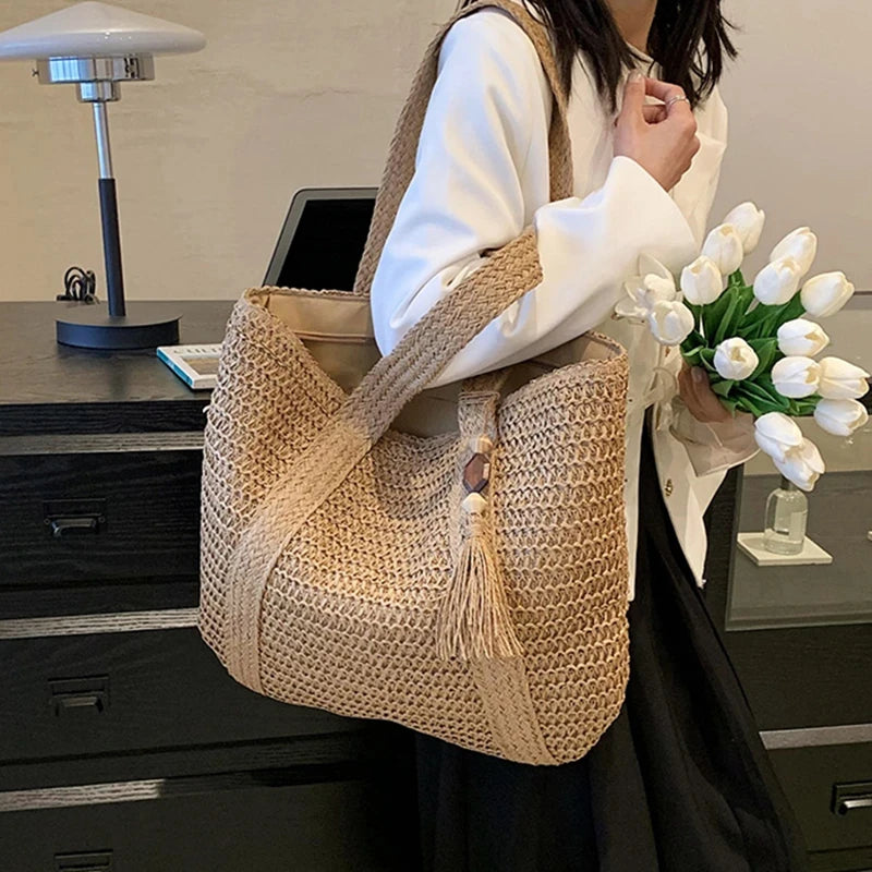 Bohemian Straw Weave Tote Bag - Tassel Accent