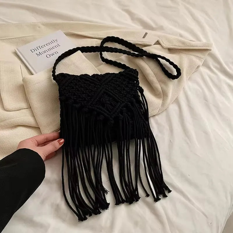 Woven Hollow-Out Straw Crossbody Bag - Tassel Detail