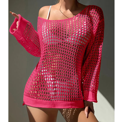 Loose Knit Cover Up Top - Hollow Out Sunscreen Smock