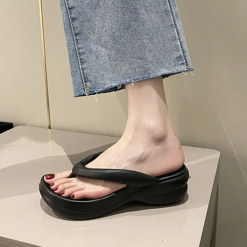 Thick Sole Wedge Flip Flops - Platform Beach Slides
