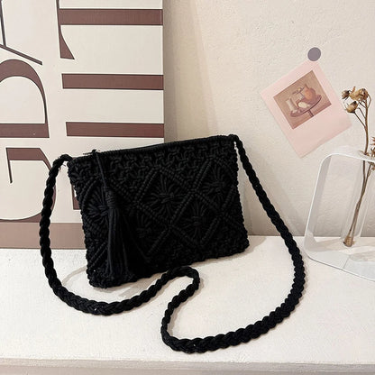 Woven Hollow-Out Straw Crossbody Bag - Tassel Detail