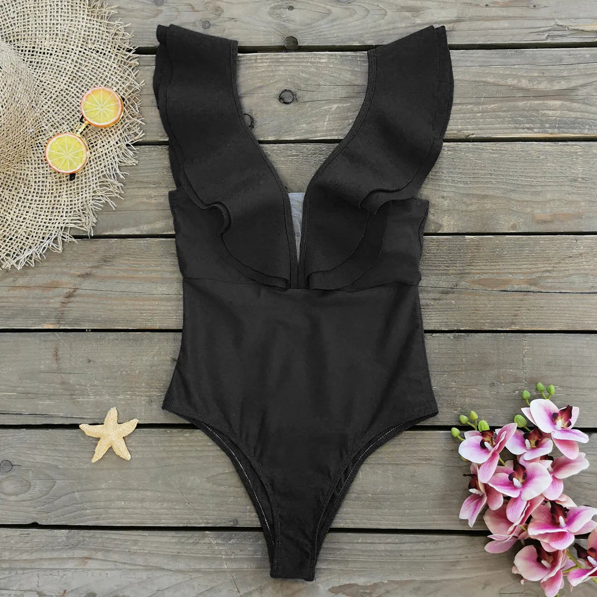 Floral Ruffle Deep V One-Piece Swimsuit - Porcelain Print Beachwear