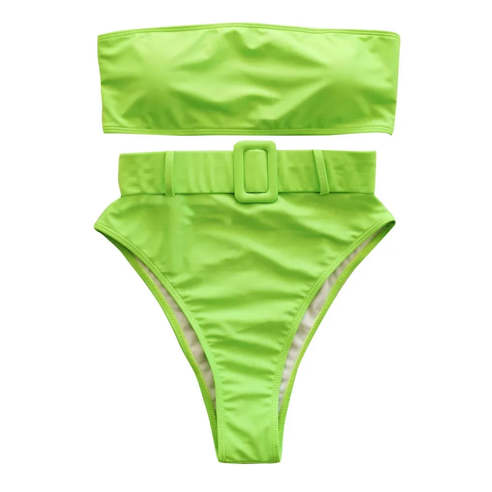Solid Bandeau High Waist Bikini Set - Push Up Swimwear