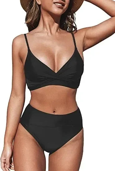 Twist Tank High Waist Bikini Set - V Neck Swimwear