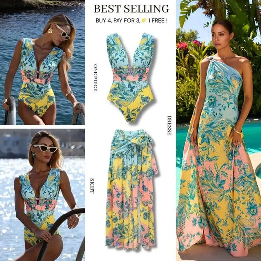 Flaxmaker 2025 Women One Piece Swimsuit And Skirts Summer Sexy V Neck Vintage Printed Swimwear Ladies Holiday Beachwear