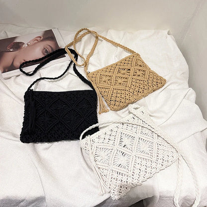 Woven Hollow-Out Straw Crossbody Bag - Tassel Detail