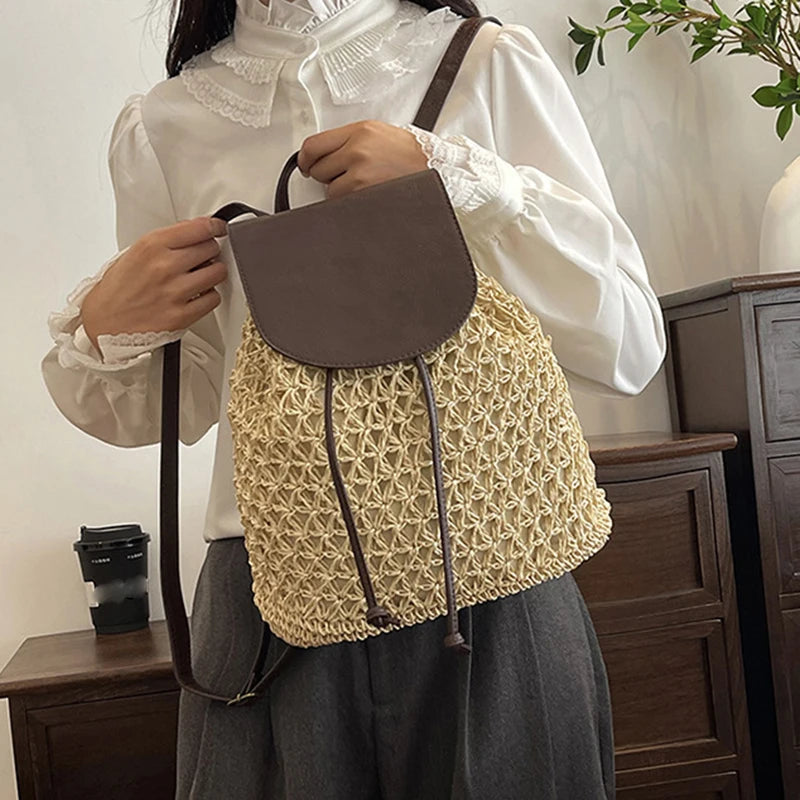 Boho Woven Straw Backpack - Large Capacity